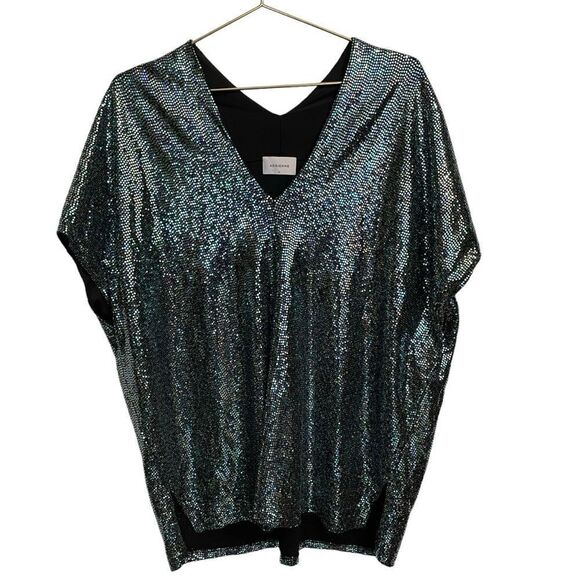 ADRIENNE Bat Wing V Neck Glitter Sequin Top Blouse Size L - Picture 1 of 8